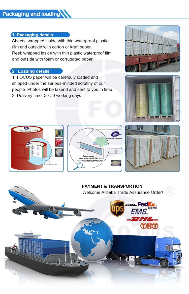 Azul de papel sem carbônio do papel do NCR do tipo do foco/papel sem carbônio imagem latente preta